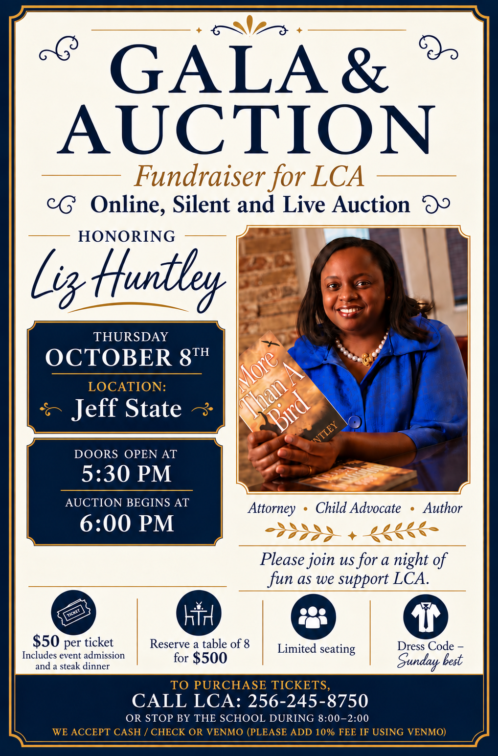 Gala & Auction Fundraiser for LCA — Thursday October 8th at Jeff State, honoring Liz Huntley