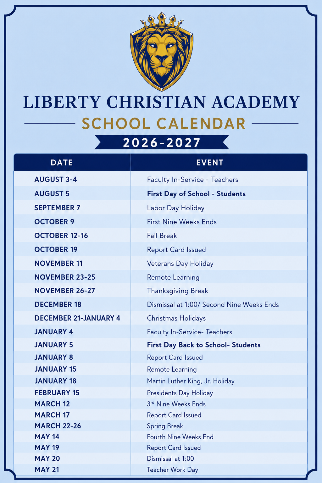 Liberty Christian Academy 2026–2027 School Calendar